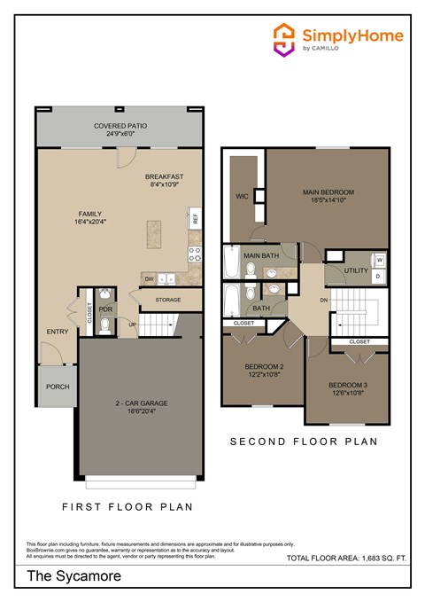 Floor plan for 3 beds, 2.5 baths, 1683 sqft