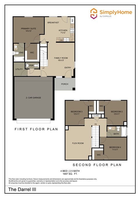 Floor plan for 4 beds, 2.5 baths, 1687 sqft