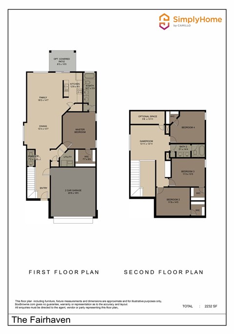 Floor plan for 4 beds, 2.5 baths, 2232 sqft