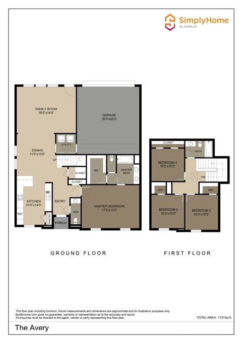 Floor plan for 4 beds, 2.5 baths, 1731 sqft