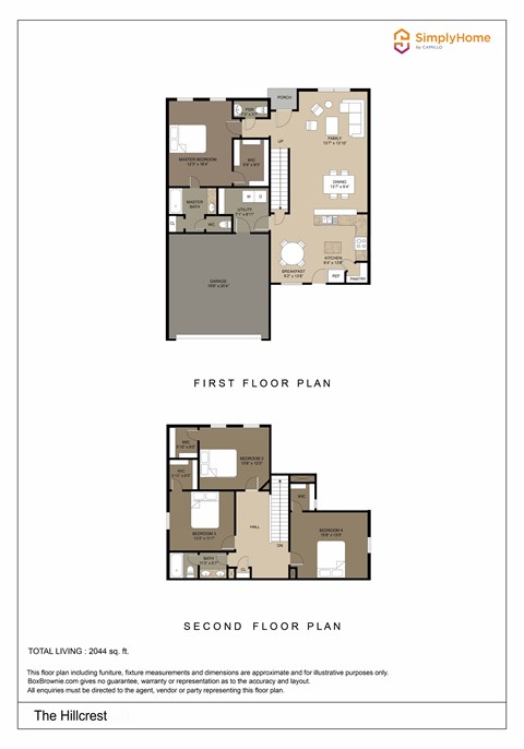 Floor plan for 4 beds, 2.5 baths, 2044 sqft