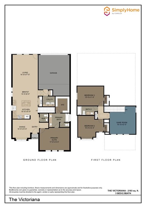 Floor plan for 3 beds, 2.5 baths, 2183 sqft