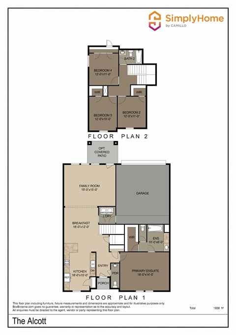 Floor plan for 4 beds, 2.5 baths, 1938 sqft