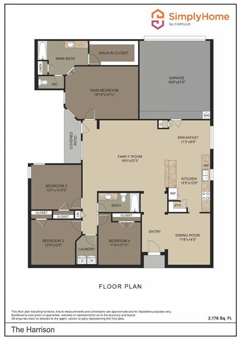 Floor plan for 4 beds, 2 baths, 2176 sqft