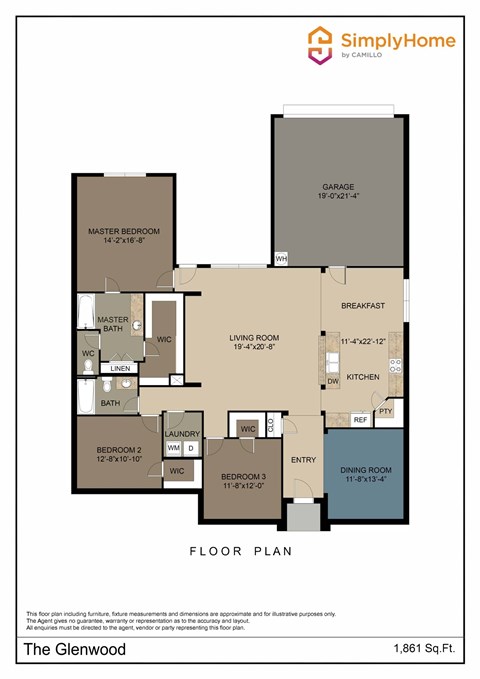 Floor plan for 3 beds, 2 baths, 1861 sqft