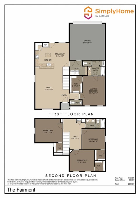 Floor plan for 4 beds, 2.5 baths, 2044 sqft