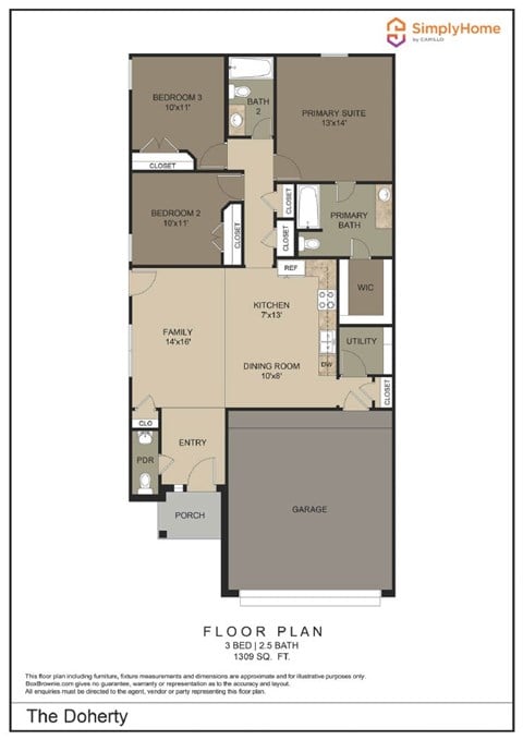 Floor plan for 3 beds, 2.5 baths, 1309 sqft