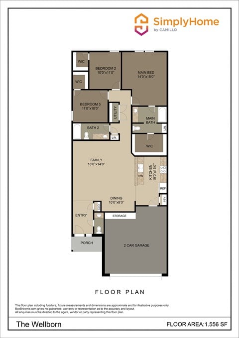 Floor plan for 3 beds, 2.5 baths, 1556 sqft