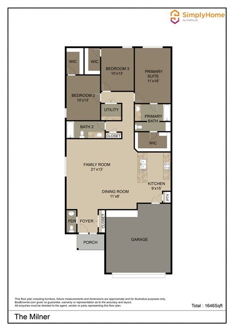 Floor plan for 3 beds, 2.5 baths, 1646 sqft