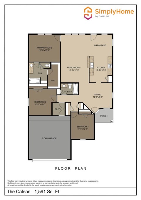 Floor plan for 3 beds, 2 baths, 1591 sqft