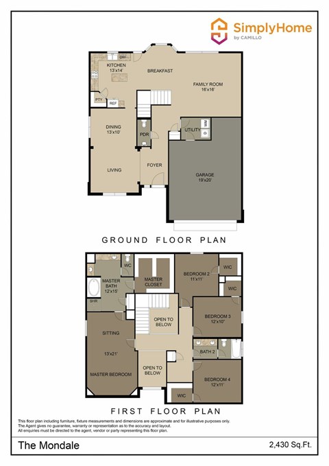 Floor plan for 4 beds, 2.5 baths, 2430 sqft