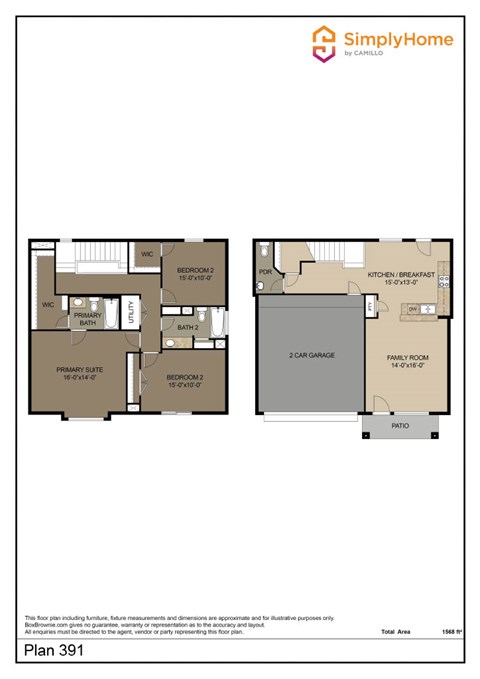 Floor plan for 3 beds, 2.5 baths, 1568 sqft