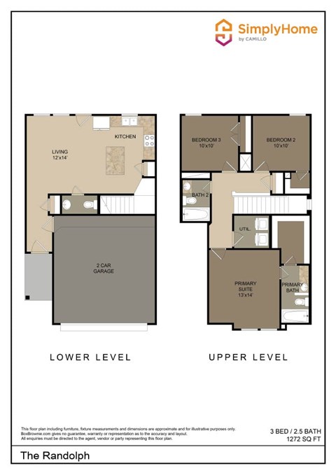 Floor plan for 3 beds, 2.5 baths, 1272 sqft