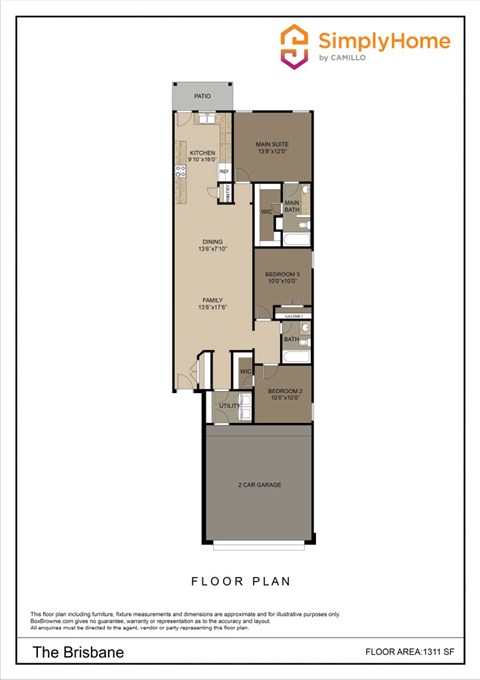 Floor plan for 3 beds, 2 baths, 1311 sqft