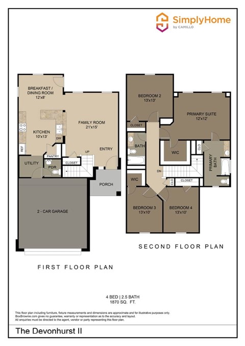 Floor plan for 4 beds, 2.5 baths, 1870 sqft