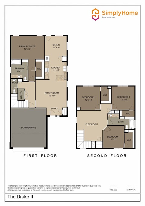 Floor plan for 4 beds, 2.5 baths, 2039 sqft