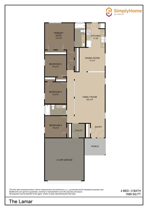 Floor plan for 4 beds, 2 baths, 1589 sqft