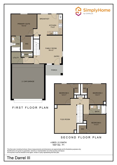 Floor plan for 4 beds, 2.5 baths, 1687 sqft