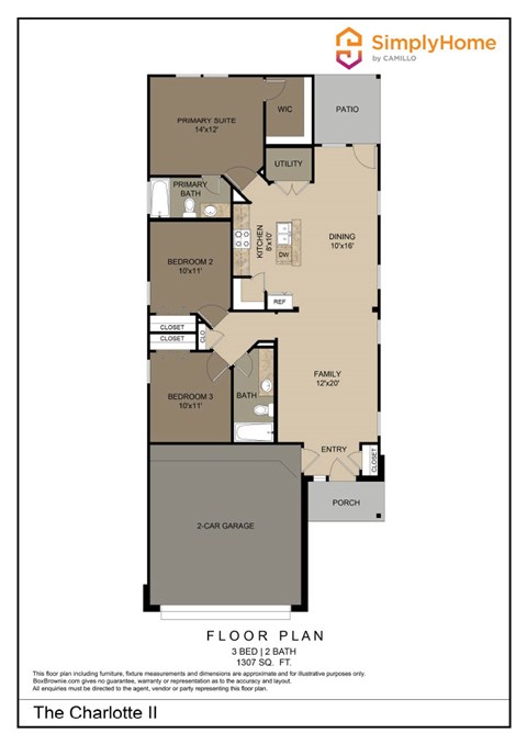 Floor plan for 3 beds, 2 baths, 1307 sqft