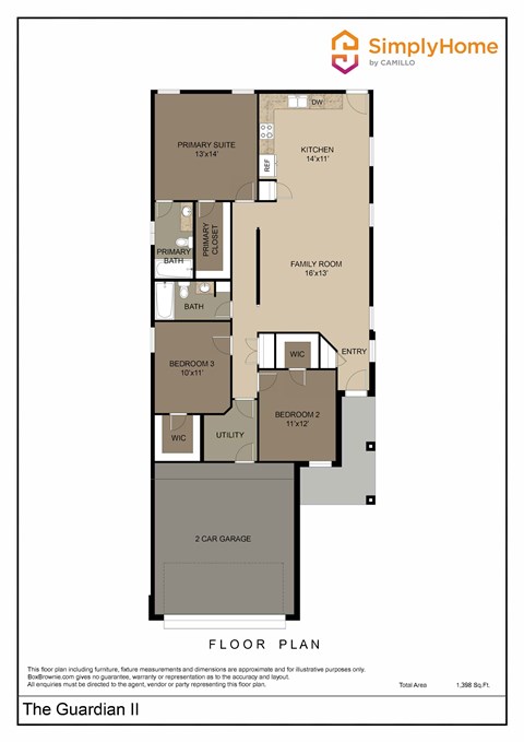 Floor plan for 3 beds, 2 baths, 1398 sqft