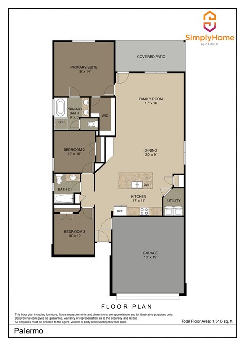 Floor plan for 3 beds, 2 baths, 1516 sqft