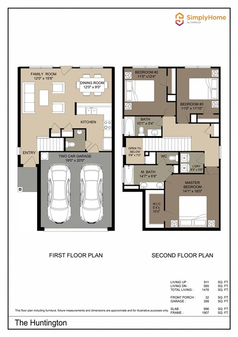 Floor plan for 3 beds, 2.5 baths, 1476 sqft
