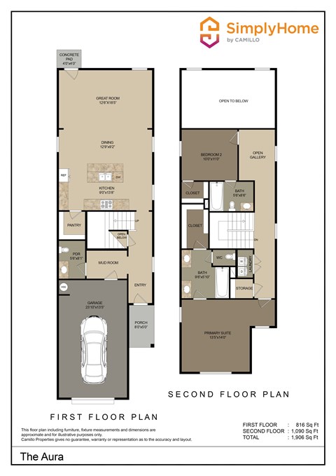 Floor plan for 2 beds, 2.5 baths, 1906 sqft