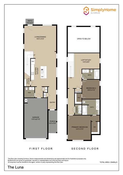 Floor plan for 2 beds, 2.5 baths, 2046 sqft