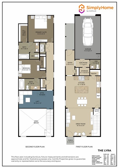 Floor plan for 2 beds, 2.5 baths, 2432 sqft
