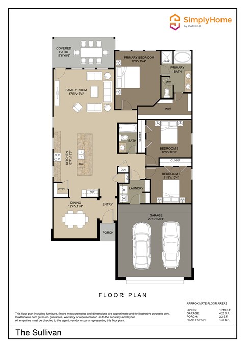 Floor plan for 3 beds, 2 baths, 1675 sqft