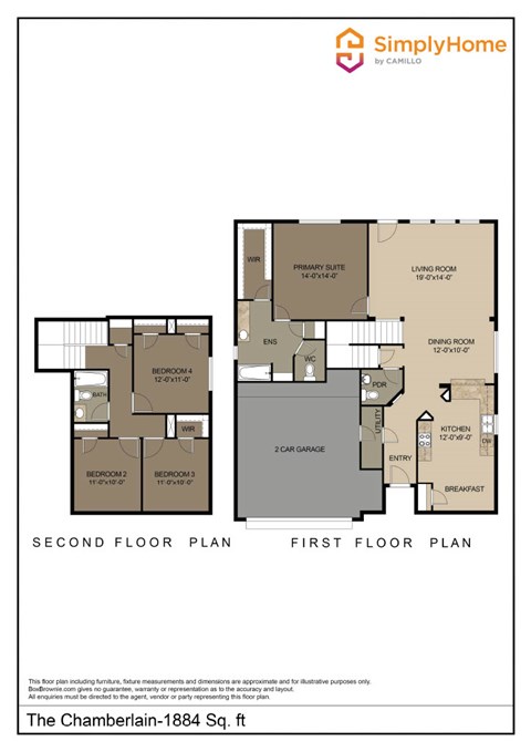 Floor plan for 4 beds, 2.5 baths, 1884 sqft