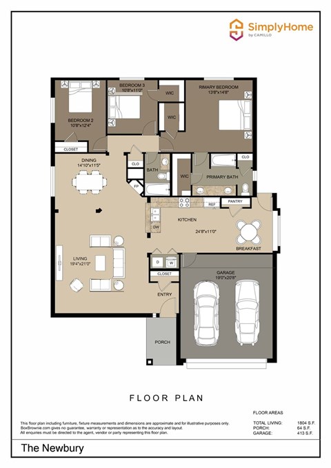 Floor plan for 3 beds, 2 baths, 1804 sqft