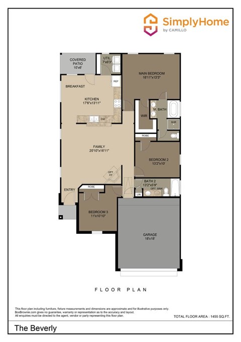 Floor plan for 3 beds, 2 baths, 1455 sqft