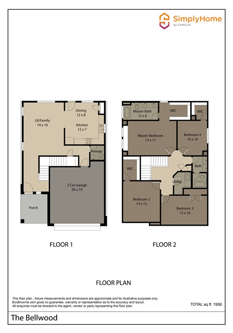 Floor plan for 4 beds, 2.5 baths, 1956 sqft