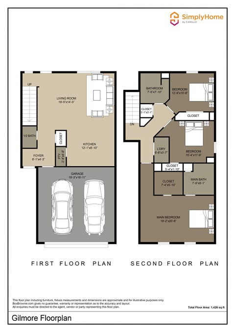 Floor plan for 3 beds, 2.5 baths, 1426 sqft