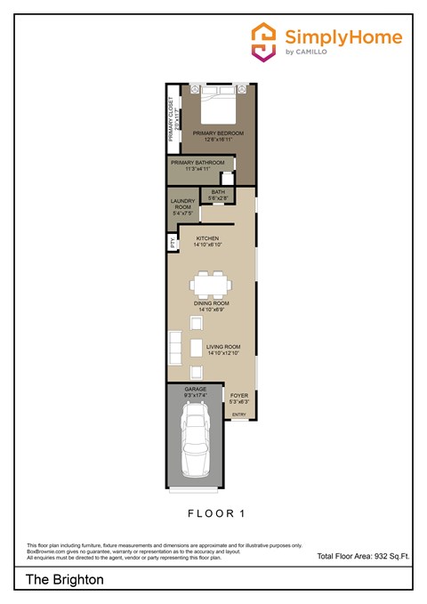 Floor plan for 1 bed, 1.5 baths, 932 sqft