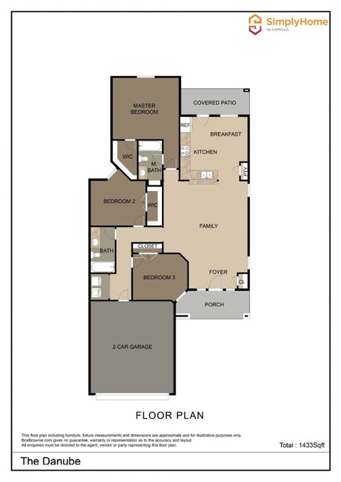 Floor plan for 3 beds, 2 baths, 1433 sqft