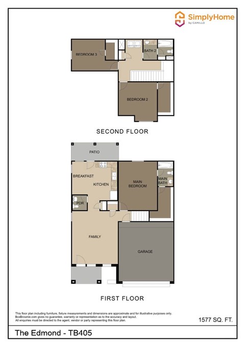 Floor plan for 3 beds, 2.5 baths, 1577 sqft