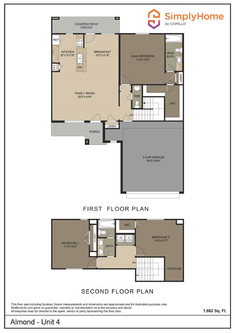 Floor plan for 3 beds, 2.5 baths, 1670 sqft