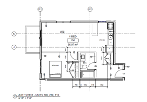Halifax apartment for rent - A floor plan of a unit type E with dimensions and measurements.