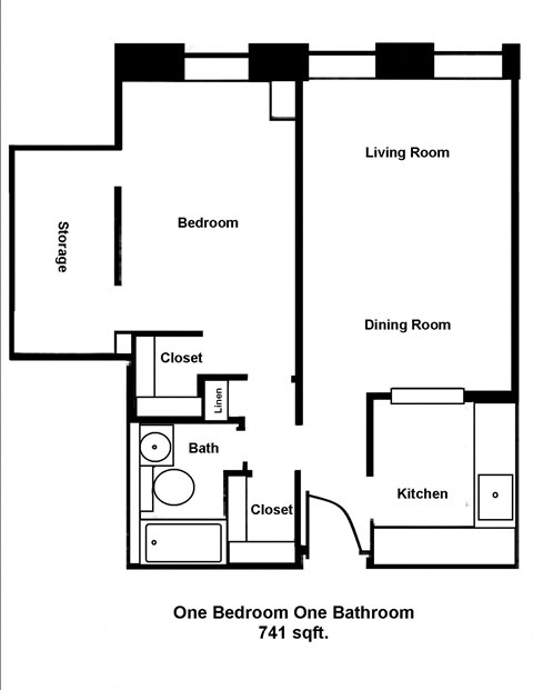 Floor plan for 1 bed, 1 bath, 673 sqft