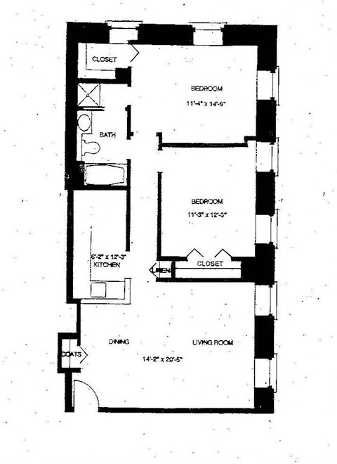 Floor plan for 2 beds, 1 bath, 885 sqft