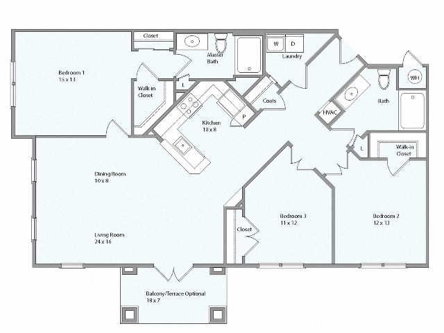 Floor plan for 3 beds, 2 baths, 1405 sqft