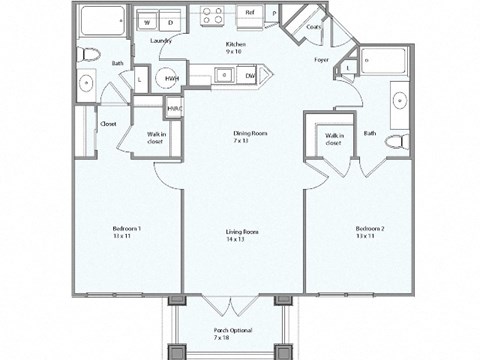 Floor plan for 2 beds, 2 baths, 1008 sqft