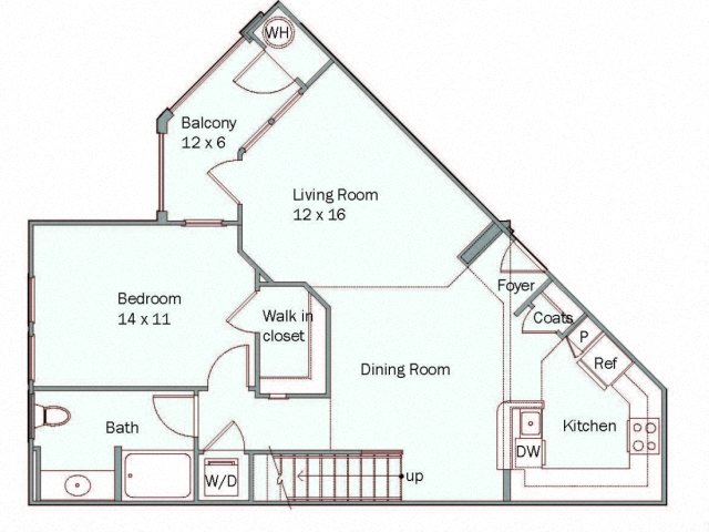 Floor plan for 1 bed, 1 bath, 1051 sqft