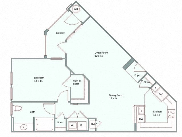 Floor plan for 1 bed, 1 bath, 880 sqft