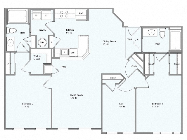 Floor plan for 3 beds, 2 baths, 1216 sqft
