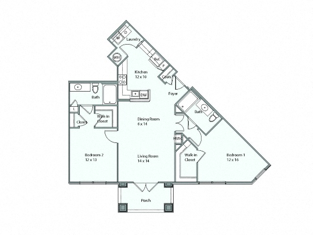 Floor plan for 2 beds, 2 baths, 1080 sqft