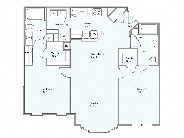 Floor plan for 2 beds, 2 baths, 1201 sqft