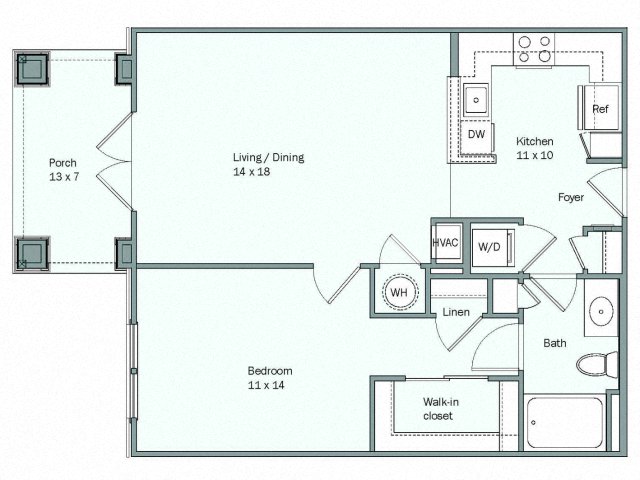Floor plan for 1 bed, 1 bath, 745 sqft